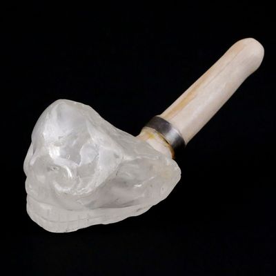 Sale Photo Thumbnail #212: Carved Skull Pipe in Quartz Fossilized Wood SIlver