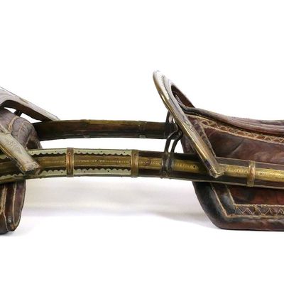 Sale Photo Thumbnail #17: Antique Two Person Leather Brass Camel Saddle
