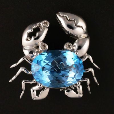 Sale Photo Thumbnail #28: 14K White Gold Blue Topaz Diamond Crab Brooch