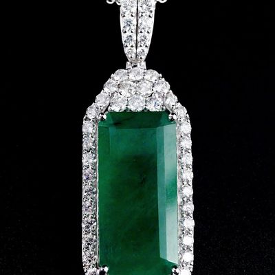 Sale Photo Thumbnail #95: Platinum Emerald and Diamond Pendant w Chain