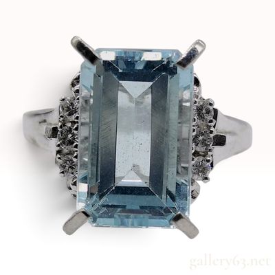 Sale Photo Thumbnail #317: Estate Emerald Cut Aquamarine and Diamond Platinum Cocktail Ring