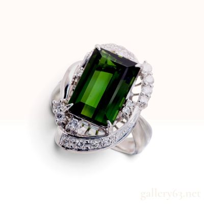 Sale Photo Thumbnail #134: Platinum 7.20 Carat Emerald Cut Green Tourmaline and 0.45ctw Diamond Cocktail Ring