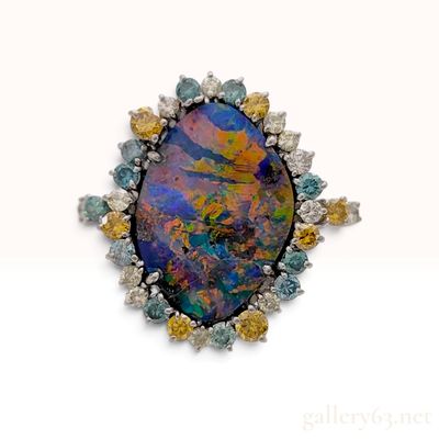 Sale Photo Thumbnail #507: Platinum 6.25ct Boulder Opal and 1.20ctw Multi-Color Diamond Cocktail Ring Size 7.5