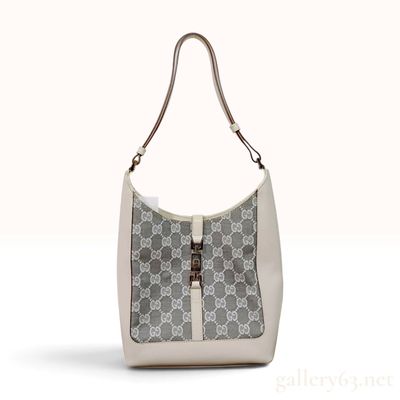 Vintage Gucci GG Monogram Jackie Cream Canvas and Leather Shoulder Bag