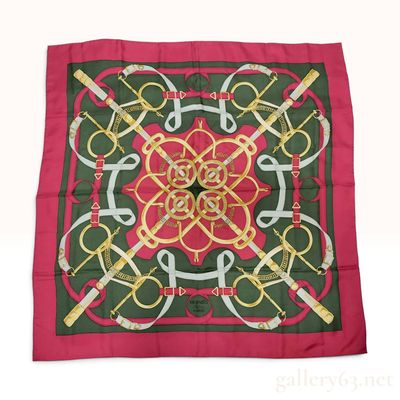 Sale Photo Thumbnail #110: Hermes Eperon d'Or Green and Rose Silk Scarf 90