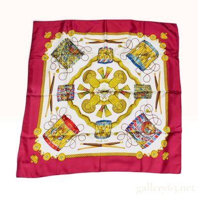 Sale Photo Thumbnail #143: Vintage Hermes Les Tambours Raspberry Silk Carre 90