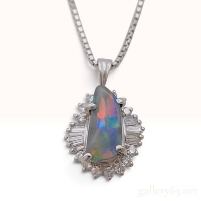 Platinum and 2.06ct Natural Boulder Opal Ballerina Style Diamond Pendant Necklace