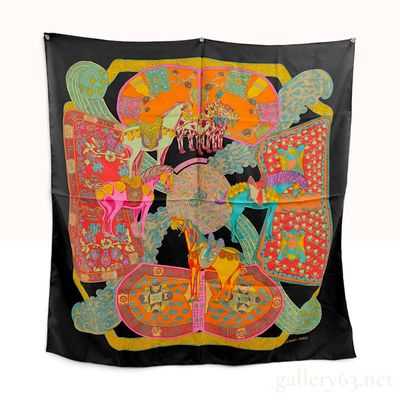 Sale Photo Thumbnail #127: Hermes L'Art des Steppes Black Silk Carre 90 Scarf