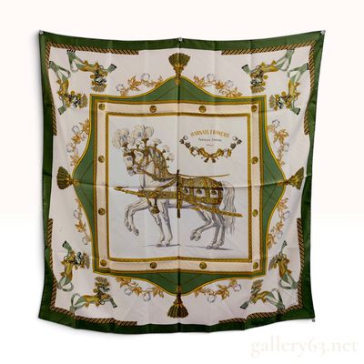 Vintage Hermes Harnais Francais Premier Empire Green Silk Scarf with Envelope