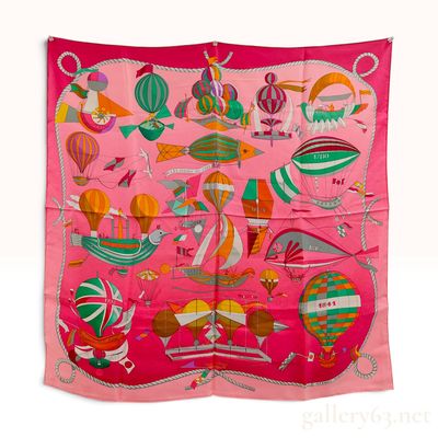 Sale Photo Thumbnail #561: Hermes Les Folies du Ciel Pink Silk Carre 90 Scarf