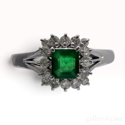 Platinum Emerald and Diamond Cluster Ring