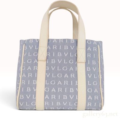 Sale Photo Thumbnail #327: Bvlgari Logomania Mini Tote Bag in Blue Denim Jacquard and Cream Leather