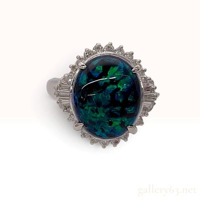 Sale Photo Thumbnail #343: Vintage Platinum 3.21ct Australian Black Opal and 0.39ctw Diamond Cocktail Ring Size 10.5