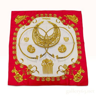Sale Photo Thumbnail #381: Hermes Les Cavaliers d'Or Red Silk Carre 90