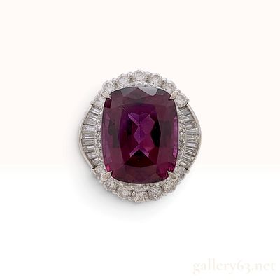 Sale Photo Thumbnail #208: Estate Platinum Rhodolite Garnet and Diamond Halo Ballerina Cocktail Ring