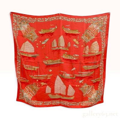 Sale Photo Thumbnail #583: Hermes Jonques et Sampans Red Silk Carre 90