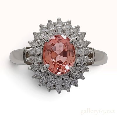 Sale Photo Thumbnail #224: A Platinum Padparadscha Sapphire and Diamond Halo Cluster Ring size 5.25