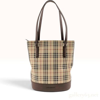 Sale Photo Thumbnail #394: Burberry Nova Check Canvas and Brown Saffiano Leather Bucket Tote Bag
