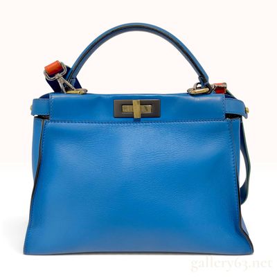 Fendi Peekaboo Teal Calfskin Leather Medium Bag with Multi-Colored Shoulder Strap