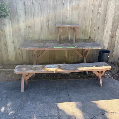 Sale Photo Thumbnail #64: Weathered wooden outdoor table and bench.