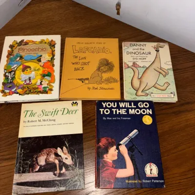 Sale Photo Thumbnail #37: Collection of vintage children's books, including "Lafcadio, The Lion Who Shot Back" by Shel Silverstein and "Danny and the Dinosaur" by Syd Hoff, showing some shelf wear.