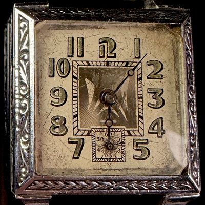 Sale Photo Thumbnail #136: Antique Art Deco Silvered Metal Mechanical Wristwatch Case and Dial Assembly
