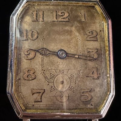 Sale Photo Thumbnail #160: Antique Swiss Nassau 11 Jewel Manual Wind Wristwatch in 14K White Gold Plate Case