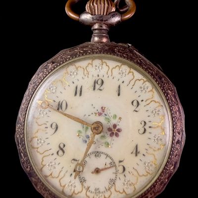 Sale Photo Thumbnail #66: Antique .800 Silver Open Face Remontoir Pocket Watch with Enamel Floral Dial
