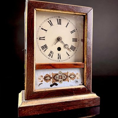 Sale Photo Thumbnail #114: Antique American Miniature Mahogany Veneer OG Mantel Clock with E Pluribus Unum Label
