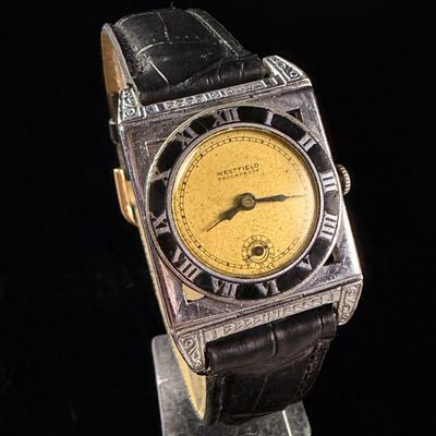 Sale Photo Thumbnail #143: Westfield Art Deco Rolled Plate Wristwatch with Black Enamel Roman Numeral Bezel