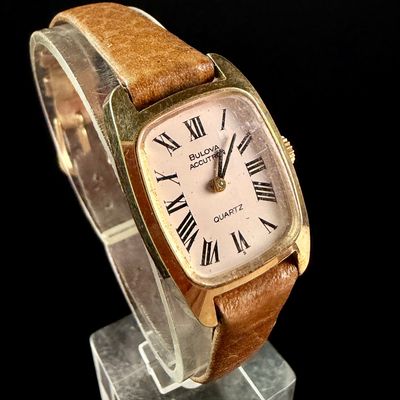 Sale Photo Thumbnail #35: Bulova Accutron Quartz Gold Filled Tank Style Ladies Wristwatch with Tan Leather Strap