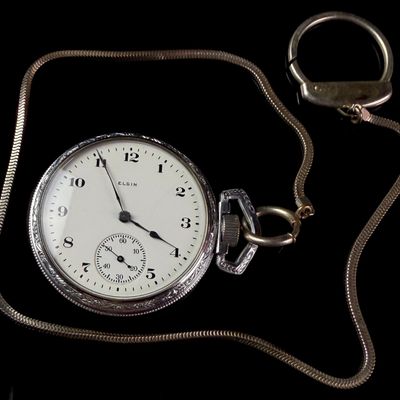Sale Photo Thumbnail #178: Elgin National Watch Co. Open Face Pocket Watch with Snake Link Chain