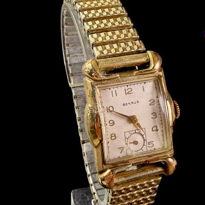 Sale Photo Thumbnail #195: Vintage Benrus 10K Rolled Gold Plate Tank Wristwatch with Speidel Expansion Band