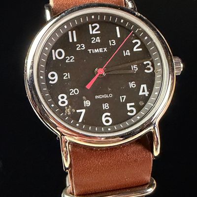 Sale Photo Thumbnail #184: Timex Weekender Quartz Wristwatch with Brown Leather NATO Strap