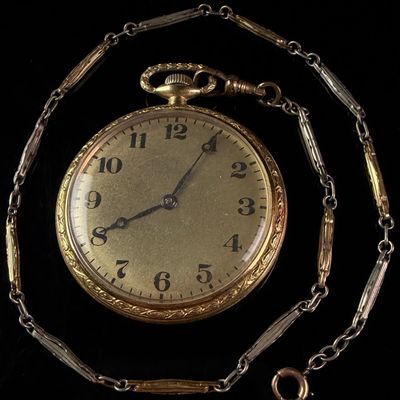 Sale Photo Thumbnail #98: Longines Gold-Filled Open Face Pocket Watch with Two-Tone Chain
