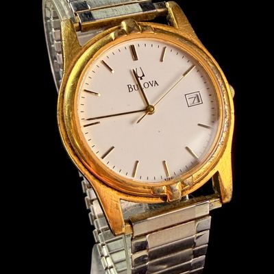 Sale Photo Thumbnail #134: Bulova Quartz Gold Tone Calendar Wristwatch with Firefighter Memorial Engraving