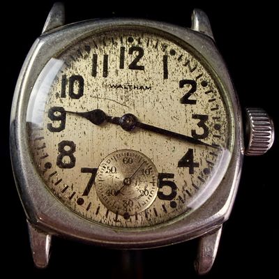 Sale Photo Thumbnail #158: Waltham American Watch Co Nickel Cushion Case Trench Style Wristwatch