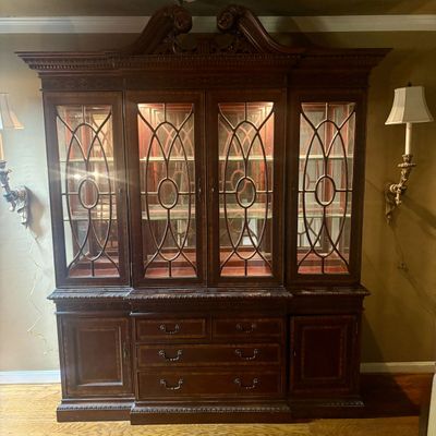 Universal Furniture Mahogany Two Piece Lighted Breakfront China Cabinet