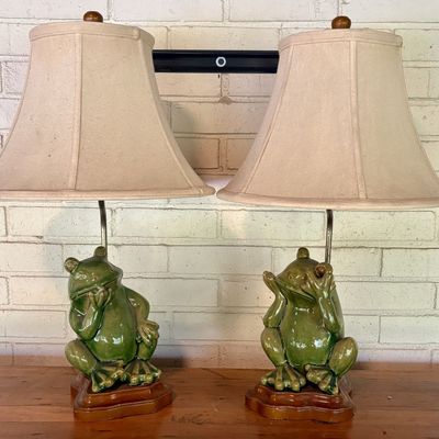A Pair of Large Glazed Ceramic Frog Table Lamps, One With Damaged Hand