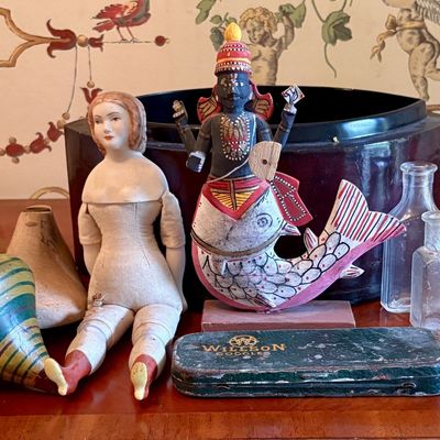 Coll. Vtg & Antique Curiosities w/ Bisque Head Doll, Indian Matsya Figure & Pharmaceutical Bottles