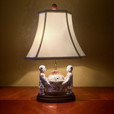 Chinoiserie Famille Rose Porcelain Figural Table Lamp with Yin Yang Motifs
