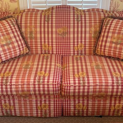 Pearson Upholstered Camelback Loveseat in Poppy Gingham