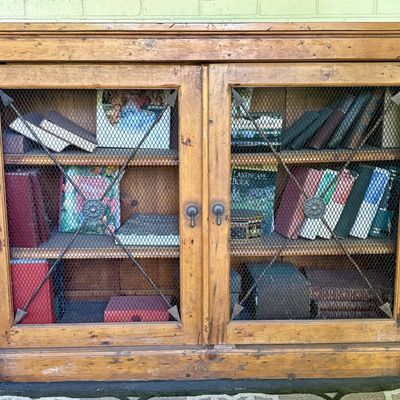 Antique French Provincial Style Pine Two Door Bookcase with Wire Mesh Panels