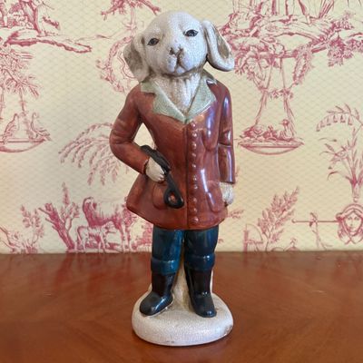 Crackle Glazed Ceramic Anthropomorphic Hound Figurine in Hunting Attire