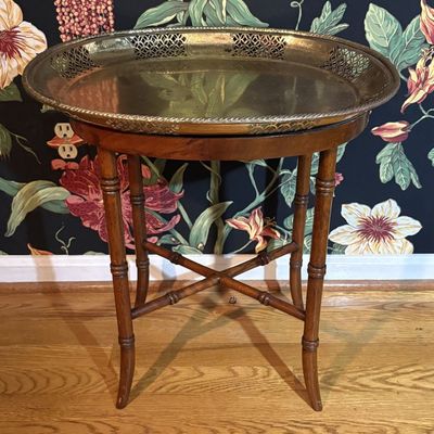Regency Style Faux Bamboo Side Table with Pierced Brass Tray Top