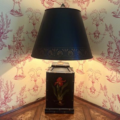 Chinoiserie Hand Painted Toleware Style Table Lamp with Faux Bamboo Trim and Botanical Iris Decoration