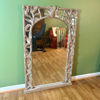 Large Hollywood Regency Style Faux Bamboo and Foliate Openwork Wall Mirror