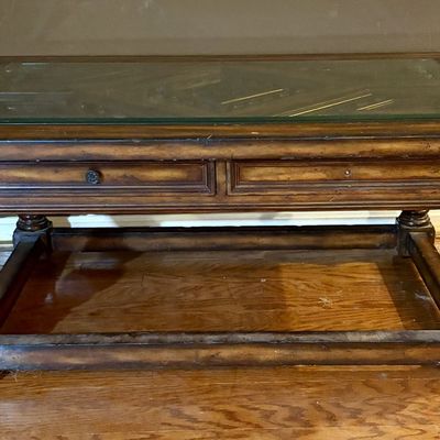 Maitland-Smith Spanish Colonial Style Wood and Glass Coffee Table
