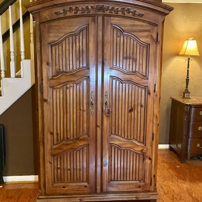 French Provincial Style Pine Two Door Media Armoire