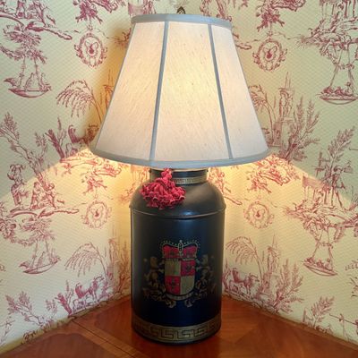 Large Toleware Tea Canister Form Table Lamp with Heraldic Crest and Greek Key Borders